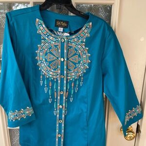 Bob Mackie Turquoise Embroidered Button Down Shirt